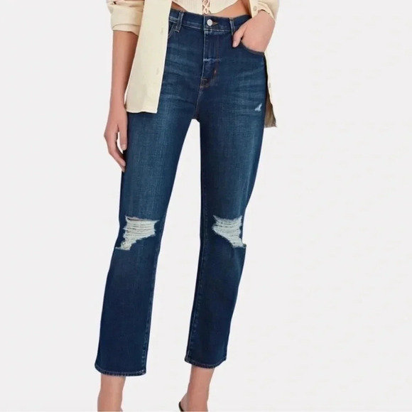 L'AGENCE Denim - L'Agence Shane Distressed Mid Rise Slouchy Straight Jeans Dark Wash Size 27